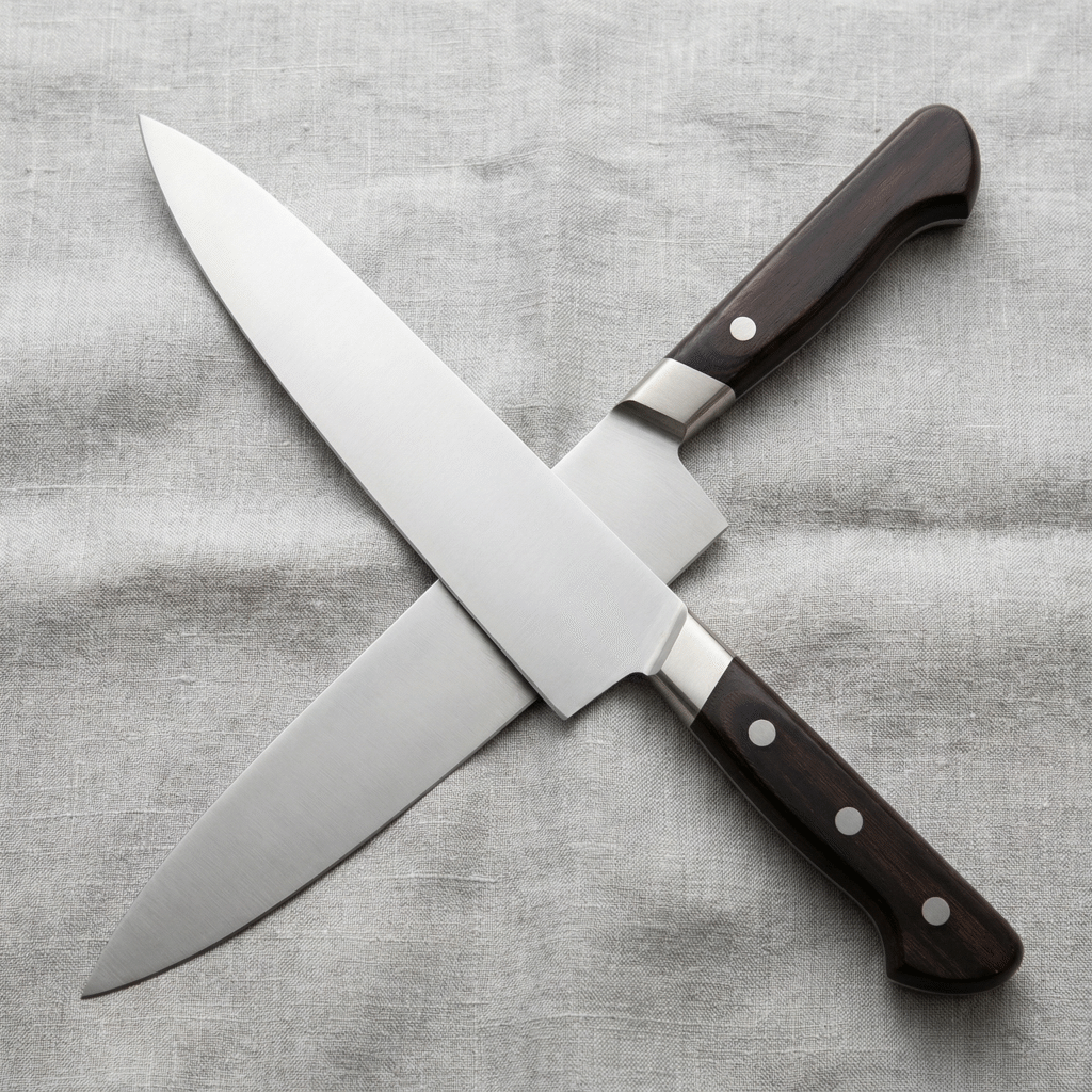 Misono UX10 gyuto showing the slim profile, Swedish steel blade, and nickel silver bolster detail