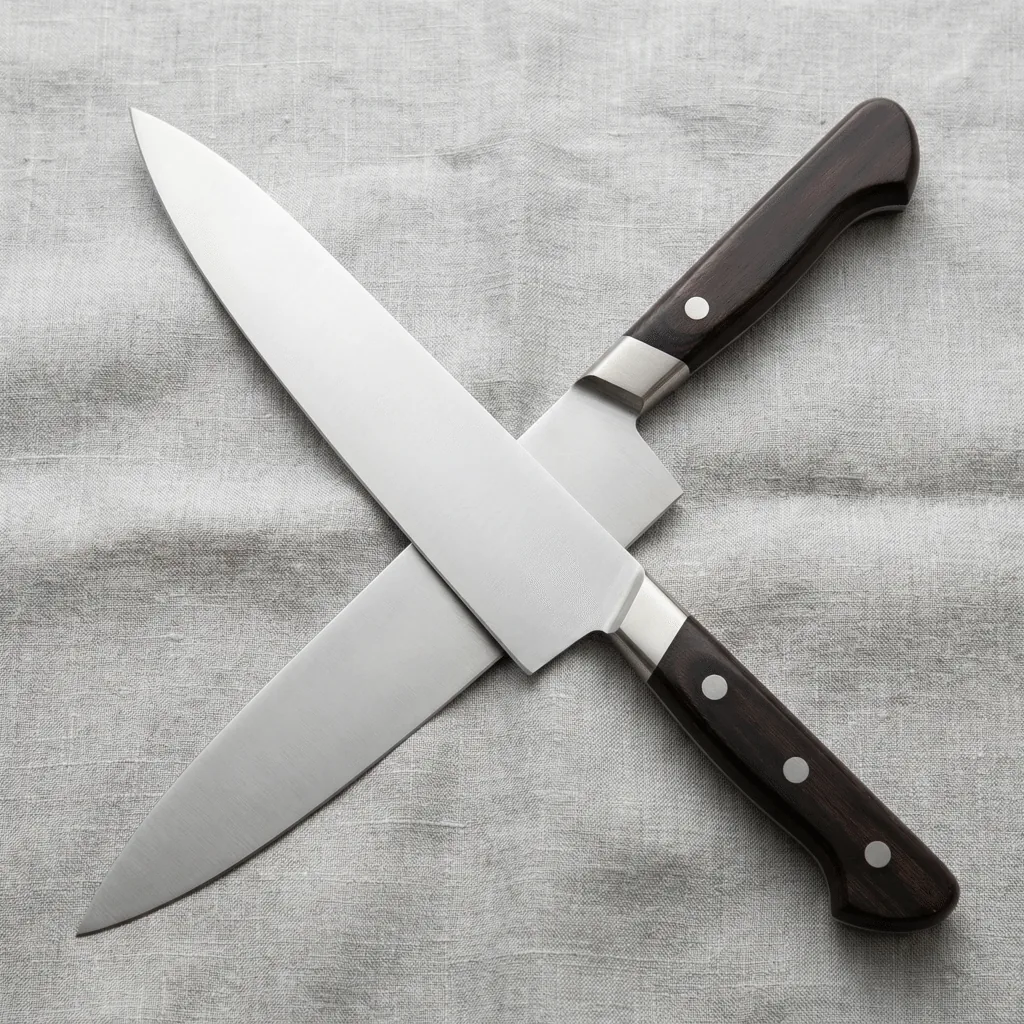 Misono UX10 gyuto showing the slim profile, Swedish steel blade, and nickel silver bolster detail