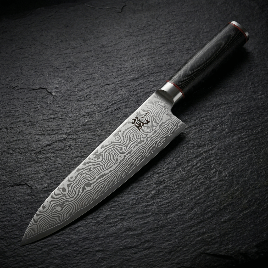 Yaxell Ran Damascus gyuto showing the 69-layer Damascus wave pattern on the blade and canvas micarta handle
