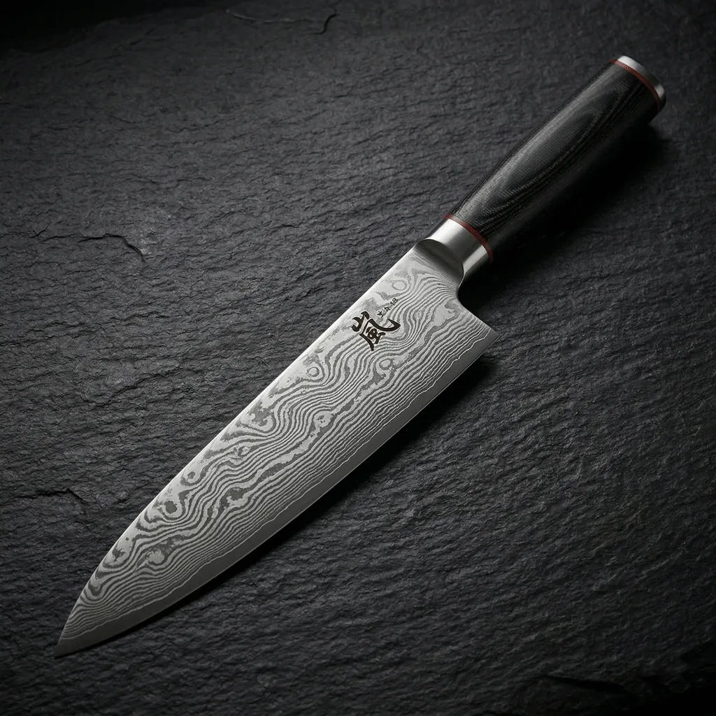 Yaxell Ran Damascus gyuto showing the 69-layer Damascus wave pattern on the blade and canvas micarta handle