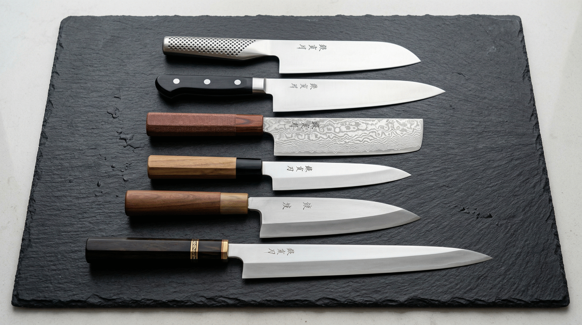 Collection of Japanese kitchen knives from different brands and regions displayed on a dark surface, showing variety of handle styles and blade designs