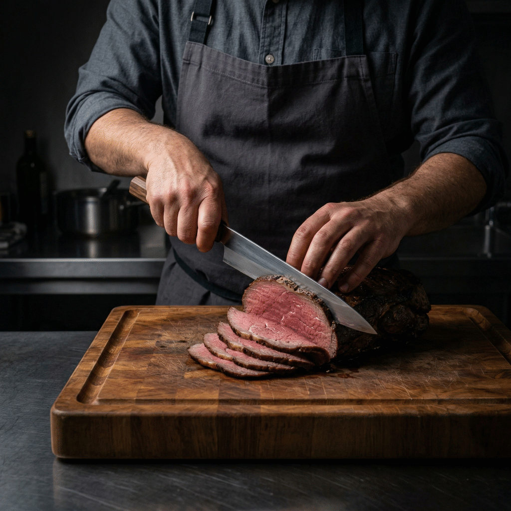 Experienced home cook slicing a beef roast with a Japanese gyuto using a clean pull-cut technique