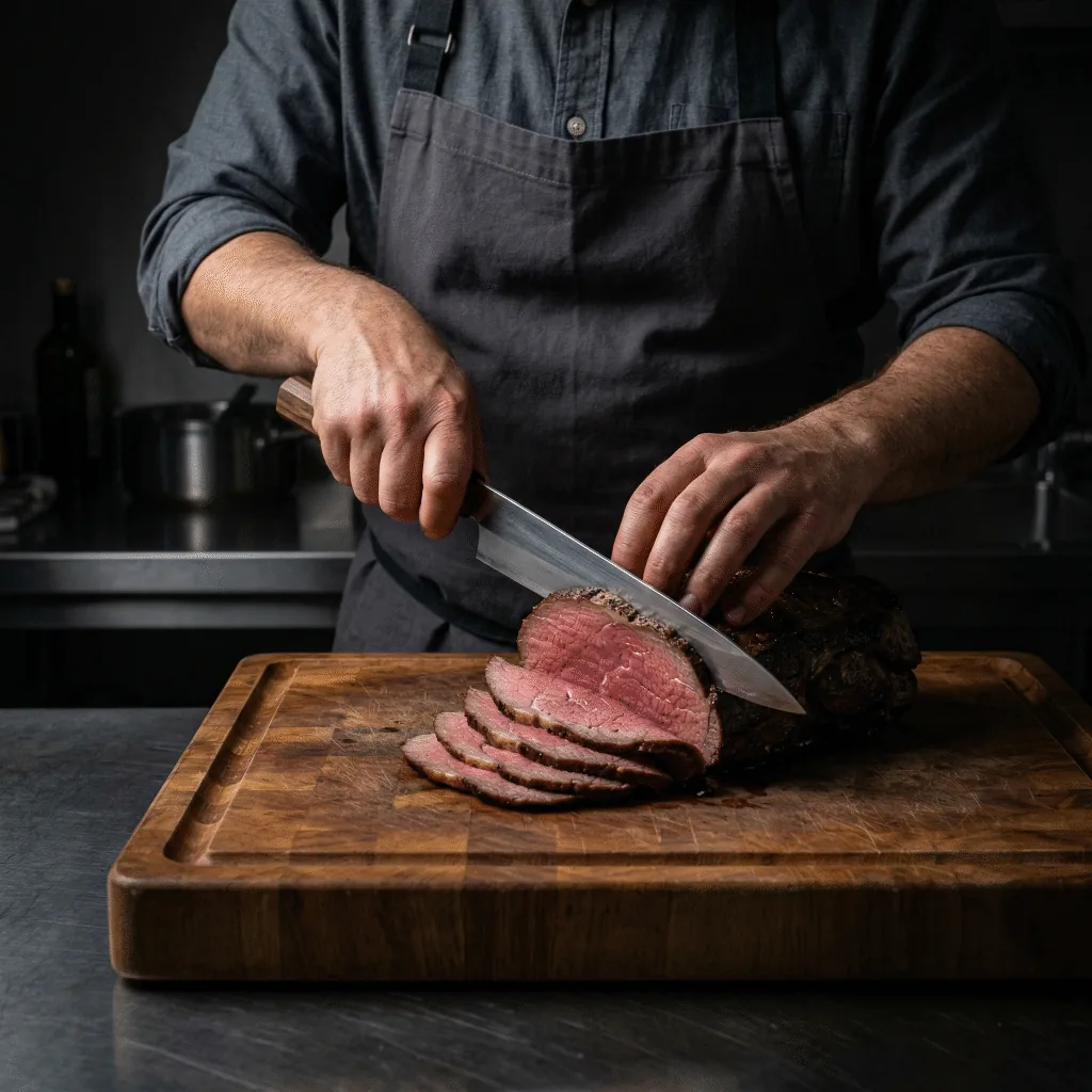 Experienced home cook slicing a beef roast with a Japanese gyuto using a clean pull-cut technique