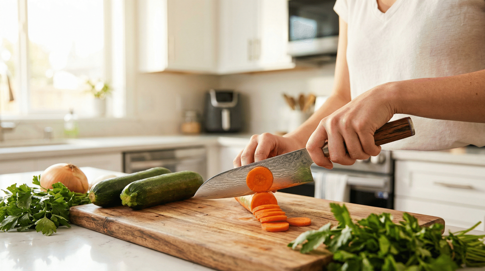 A home cook using a Japanese santoku knife to prep vegetables on a wooden cutting board, demonstrating comfortable grip and efficient push-cutting technique