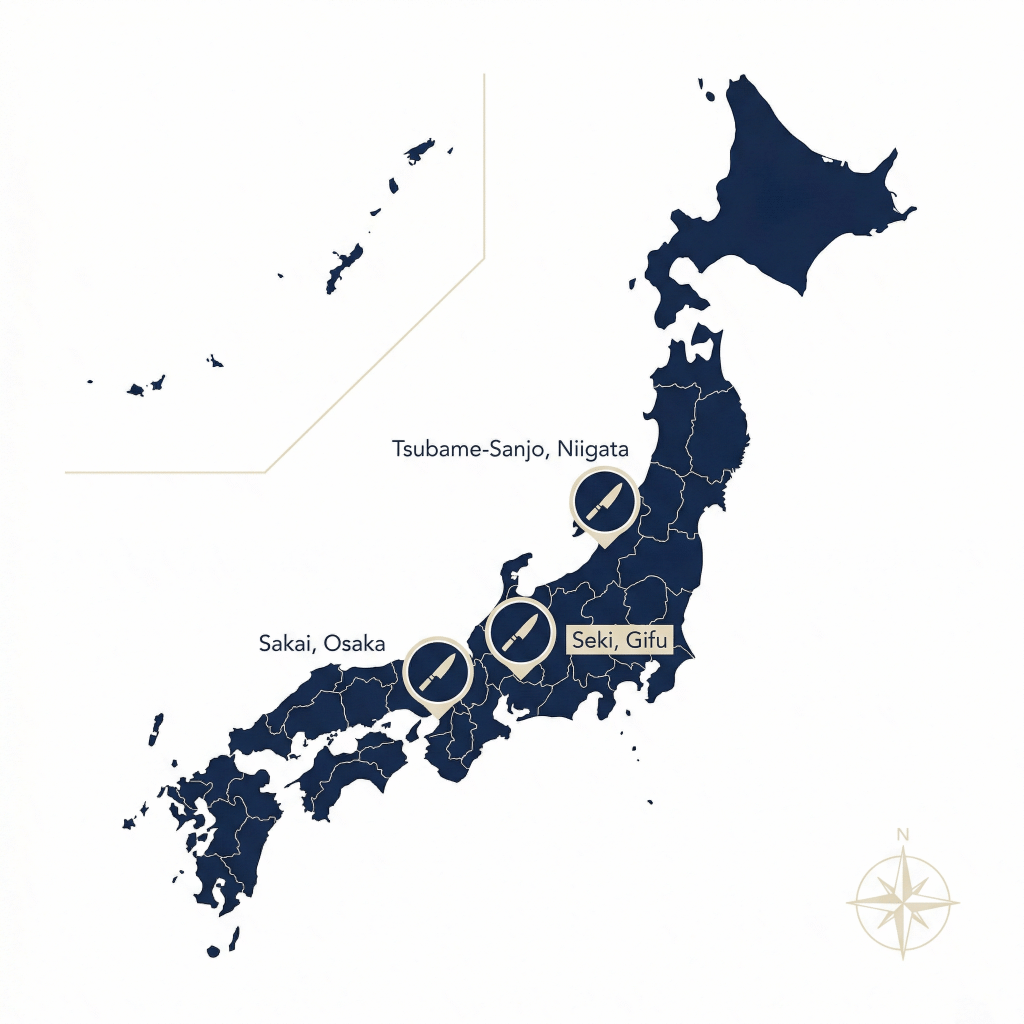 Map of Japan highlighting the three major knife-making regions: Sakai (Osaka), Seki (Gifu), and Tsubame-Sanjo (Niigata)