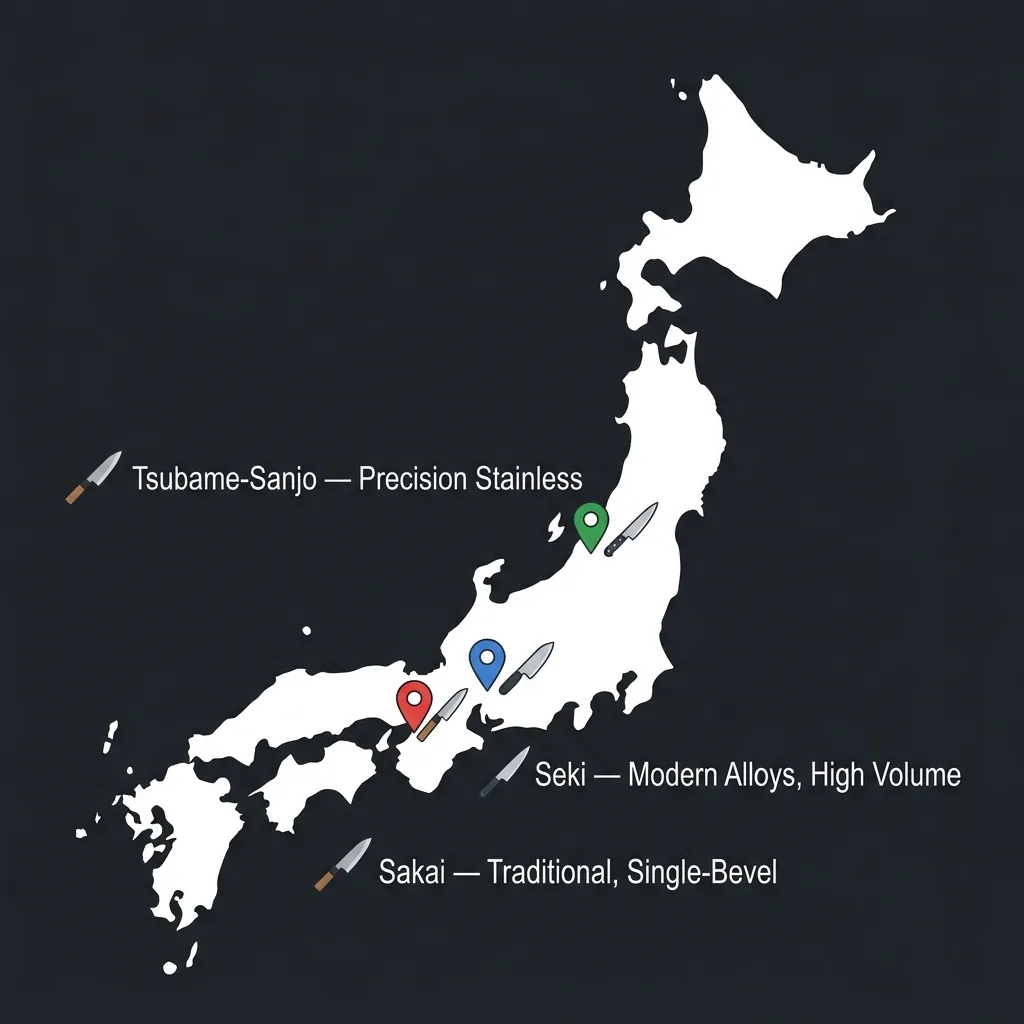 Map of Japan highlighting the three major knife-making regions: Sakai (Osaka), Seki (Gifu), and Tsubame-Sanjo (Niigata)