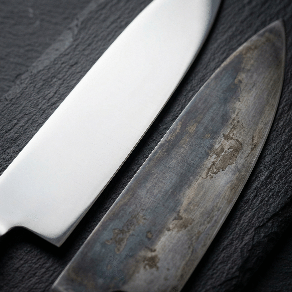 Comparison of a polished stainless steel blade (left) and a darker carbon steel blade with natural patina (right), illustrating the visual and material differences