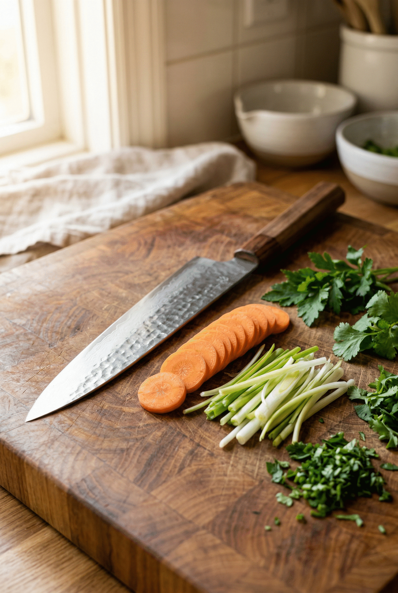 Japanese kitchen knife resting on a wooden cutting board beside freshly prepared vegetables, showcasing the clean precision cuts that Japanese blades produce