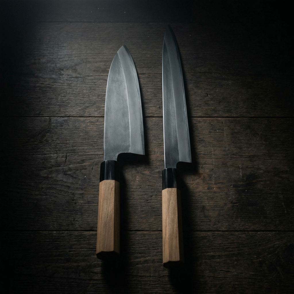 Traditional Japanese deba and yanagiba knives with single-bevel blades showing the flat back and angled front characteristic of wa-knives