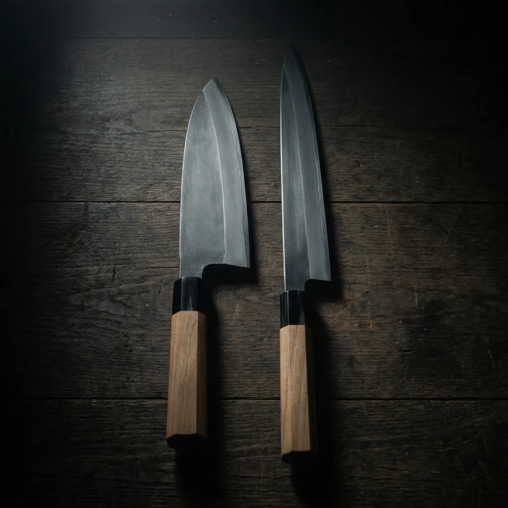 Traditional Japanese deba and yanagiba knives with single-bevel blades showing the flat back and angled front characteristic of wa-knives
