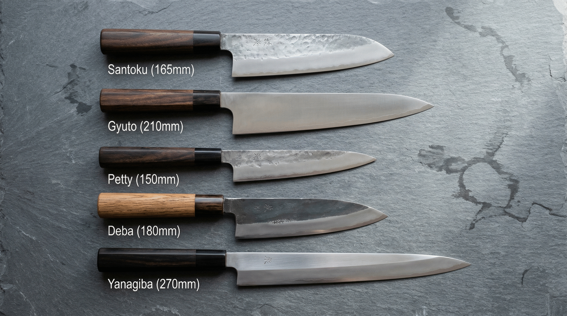 Side-by-side lineup of Japanese knife types: santoku, gyuto, petty, deba, and yanagiba, showing the distinctive shape of each blade