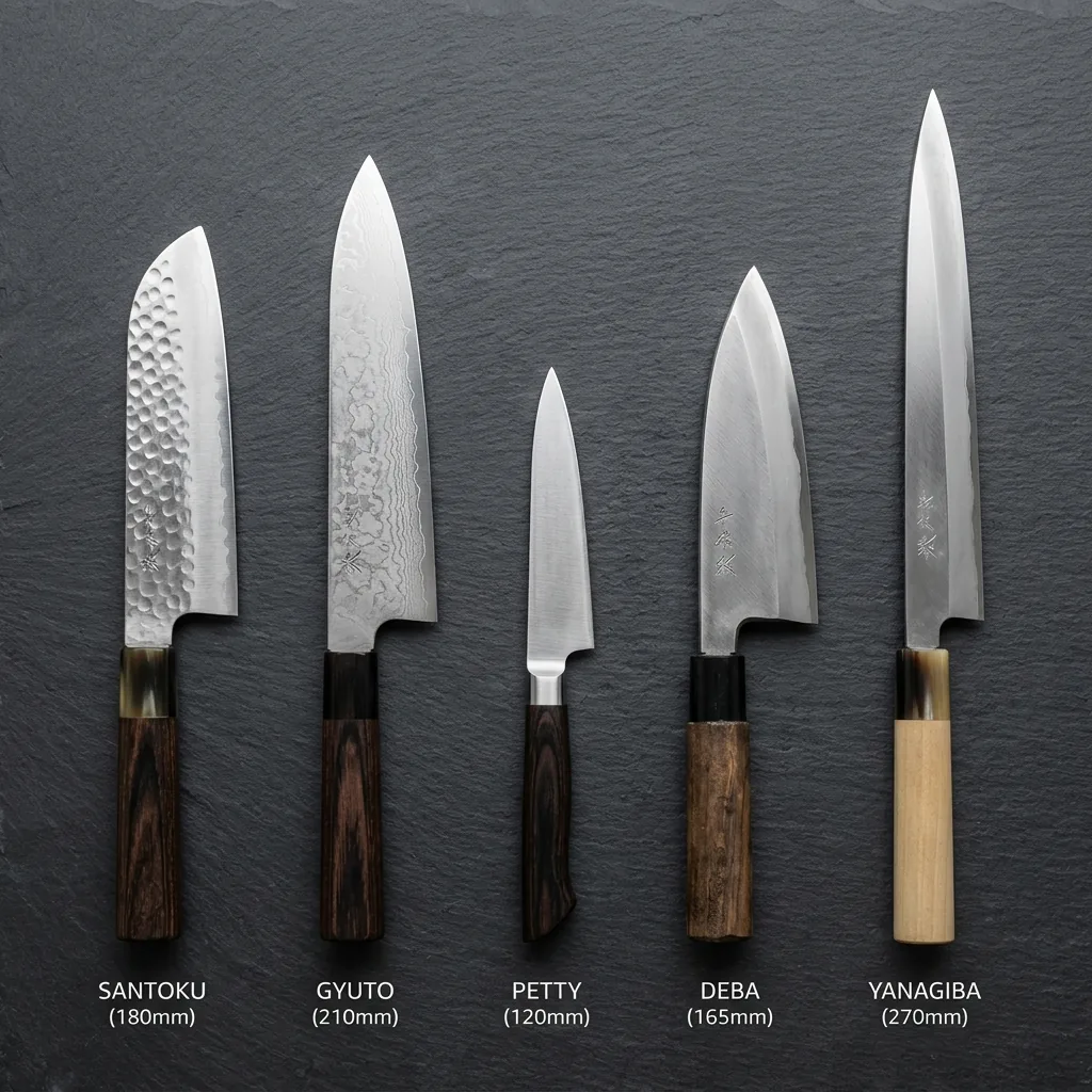 Side-by-side lineup of Japanese knife types: santoku, gyuto, petty, deba, and yanagiba, showing the distinctive shape of each blade