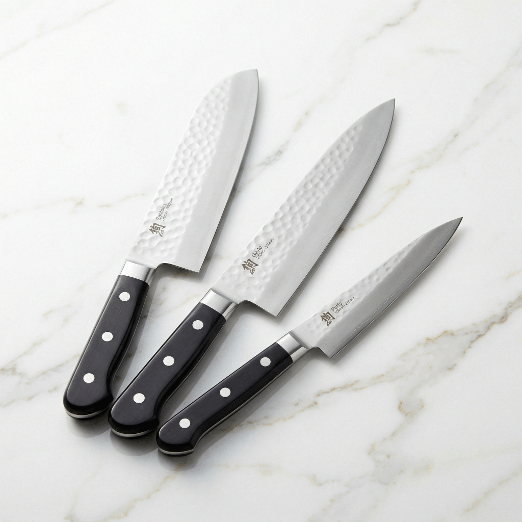 Santoku, gyuto, and petty knives arranged together showing relative sizes and blade shapes