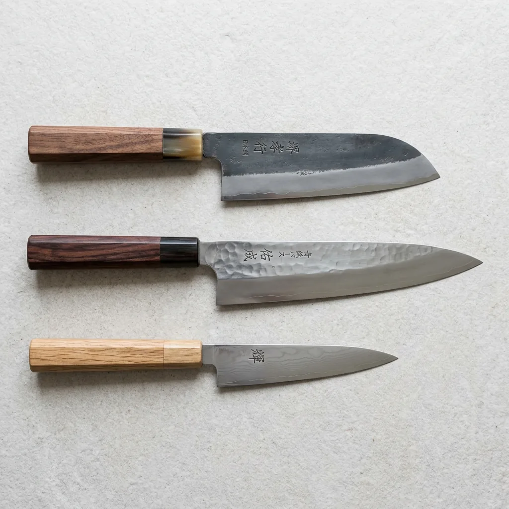 Santoku, gyuto, and petty knives arranged together showing relative sizes and blade shapes
