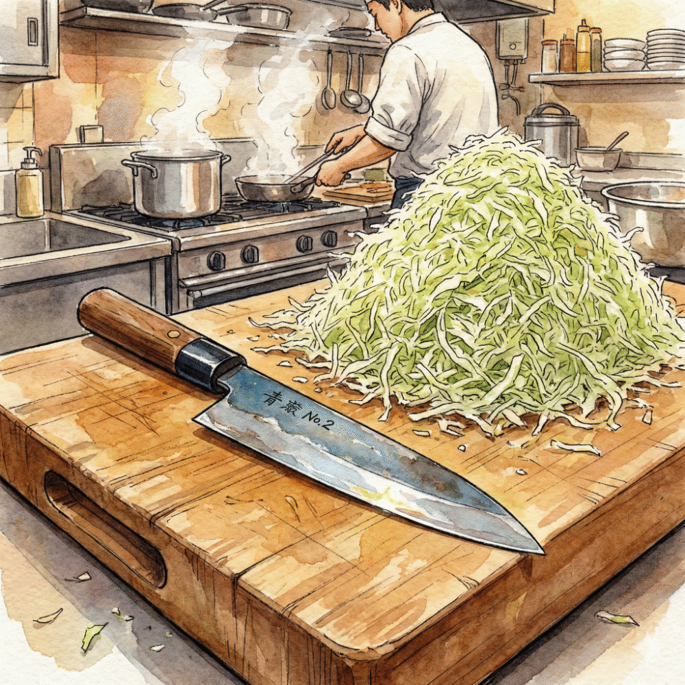 Illustration of a professional chef's kitchen with Blue Steel No.2 knife staying sharp through heavy daily use — representing long edge retention for demanding cooking environments