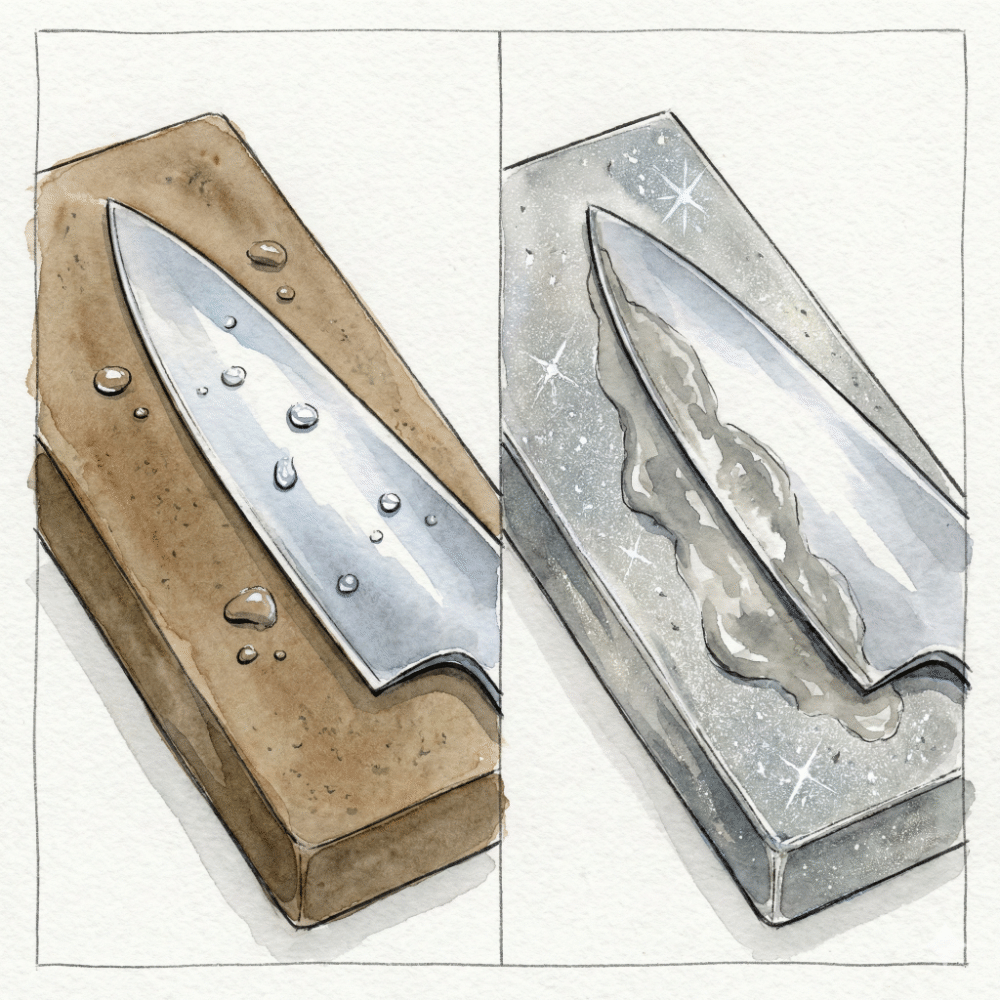 Illustration showing that harder Japanese steel (HRC 62–67) requires a diamond whetstone to sharpen, while standard whetstones slide off without cutting