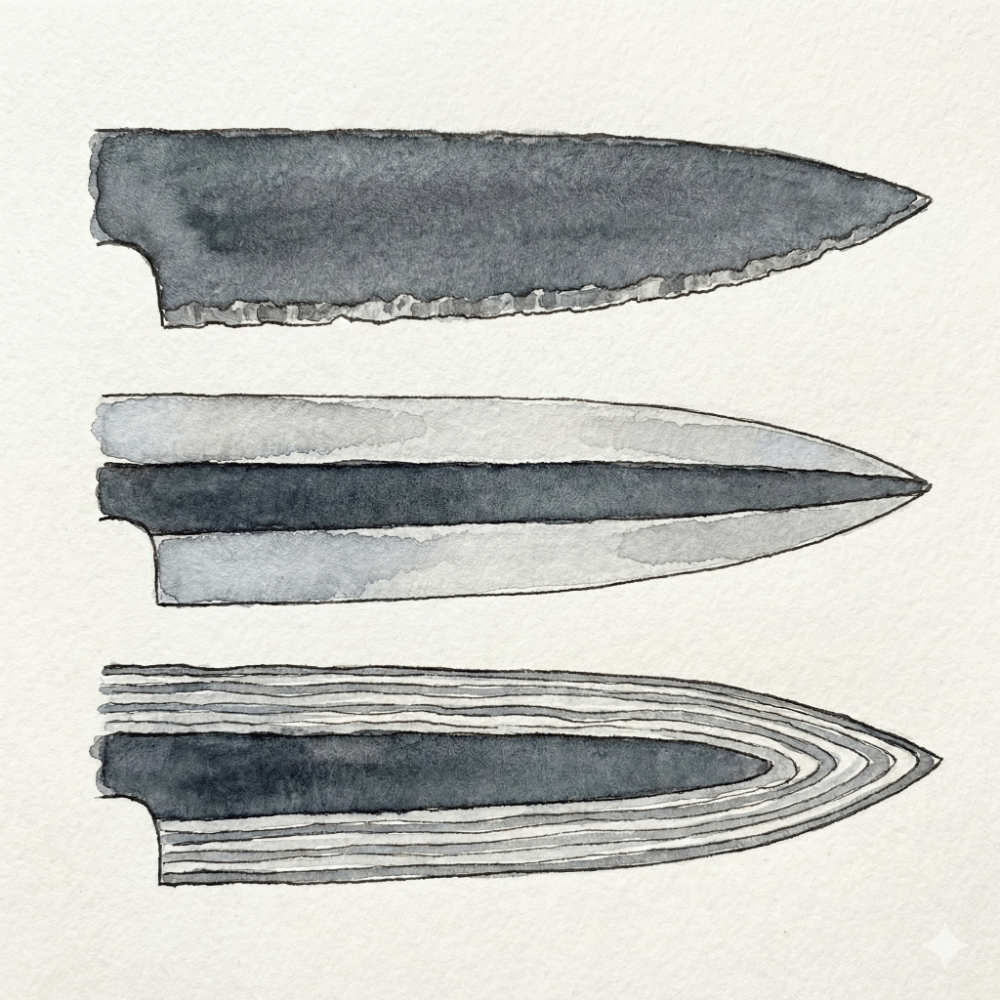 Cross-section diagram of Japanese knife construction types: solid steel (honyaki), sandwich/san-mai (warikomi), and multi-layer Damascus showing how the hard core is protected by soft outer layers