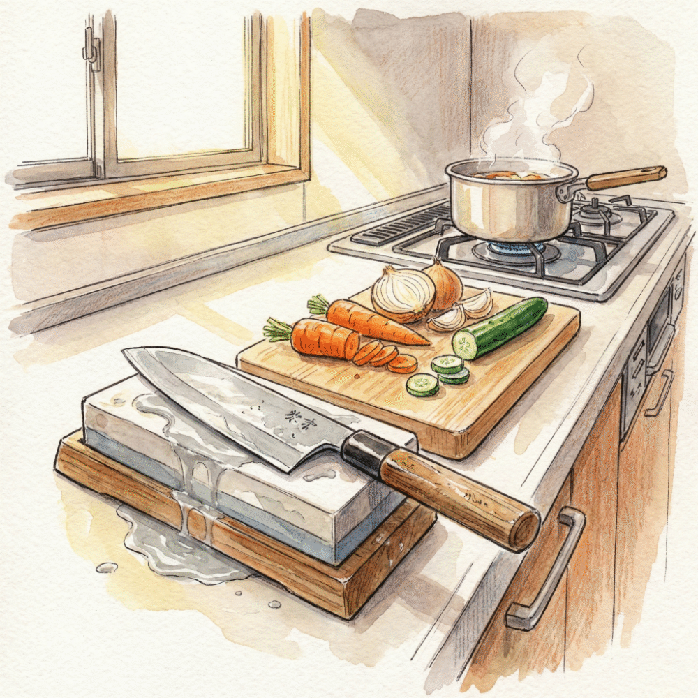 Illustration of a whetstone and santoku knife representing White Steel No.2 — the most sharpenable carbon steel for daily home use