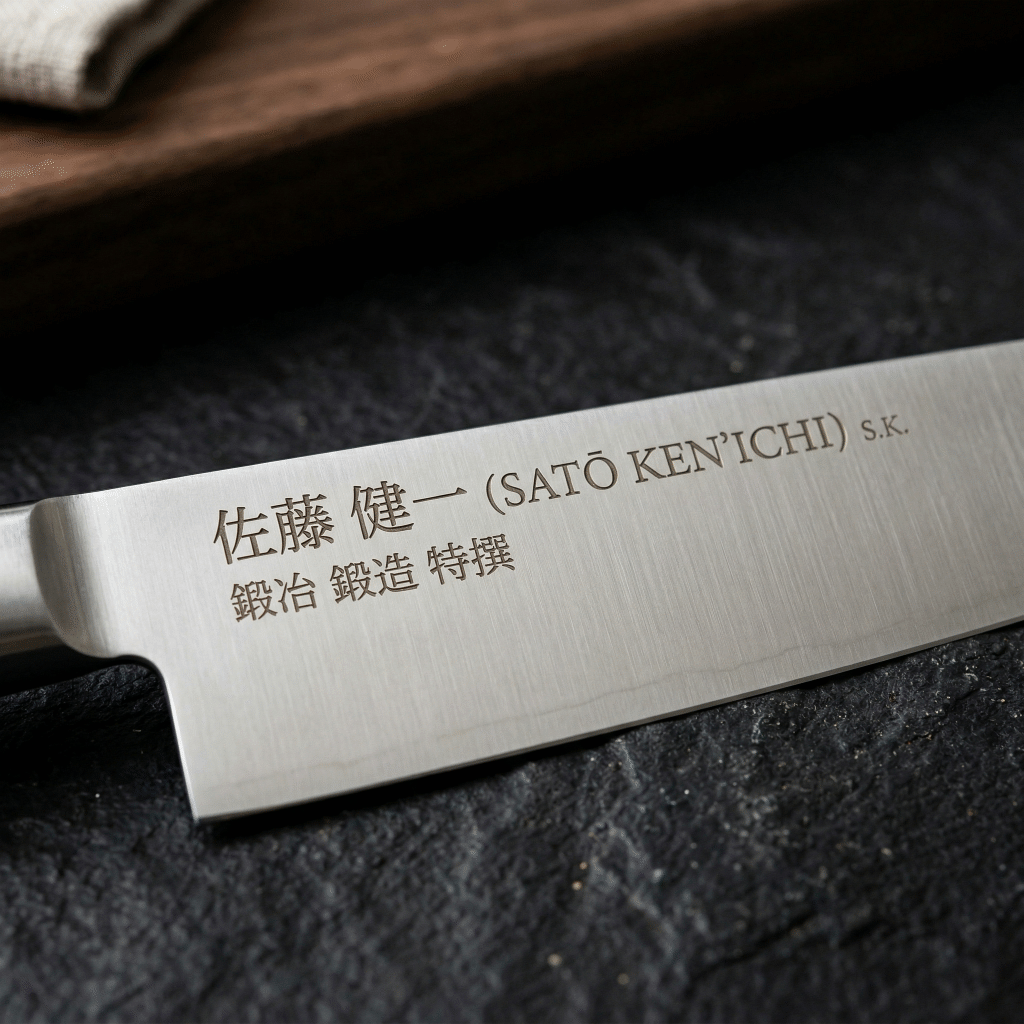 A Japanese kitchen knife blade with a personal name engraved in clean laser lettering on the blade flat