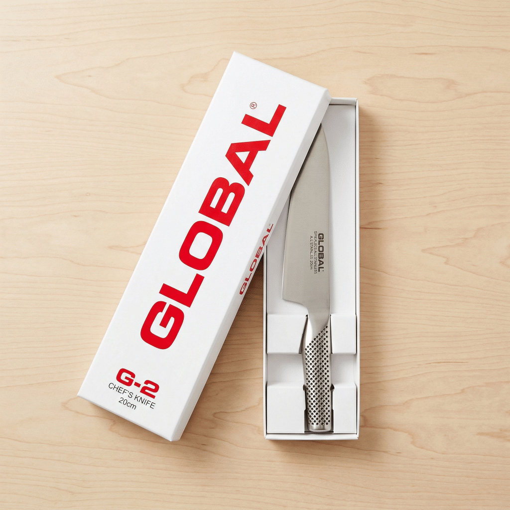 GLOBAL G-2 chef's knife in the iconic white and red GLOBAL gift box