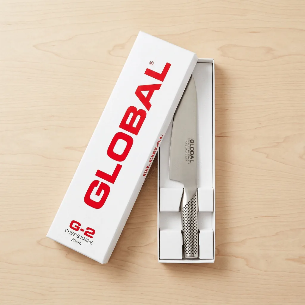 GLOBAL G-2 chef's knife in the iconic white and red GLOBAL gift box