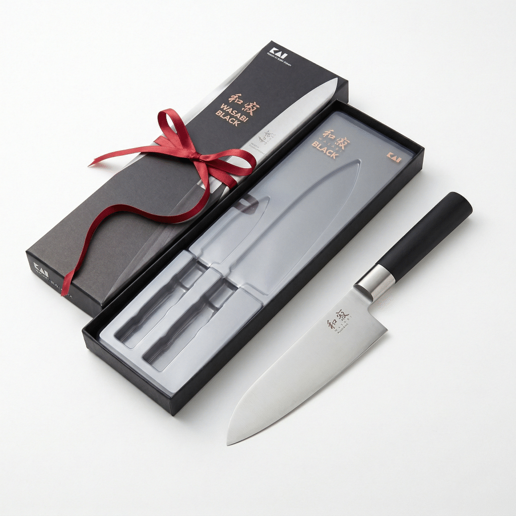 Kai Wasabi Black santoku knife in gift-ready packaging suitable for a Japanese knife gift