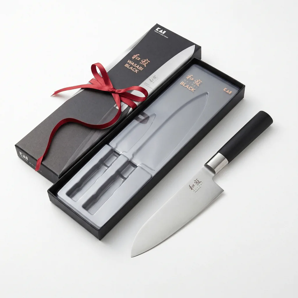 Kai Wasabi Black santoku knife in gift-ready packaging suitable for a Japanese knife gift