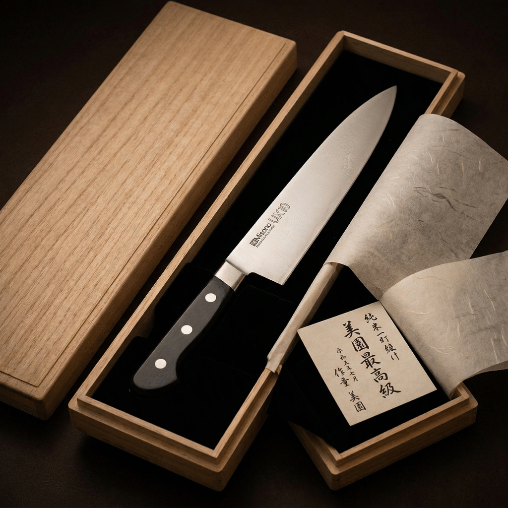 A premium Japanese gyuto knife presented in a wooden gift box with Japanese tissue paper wrapping