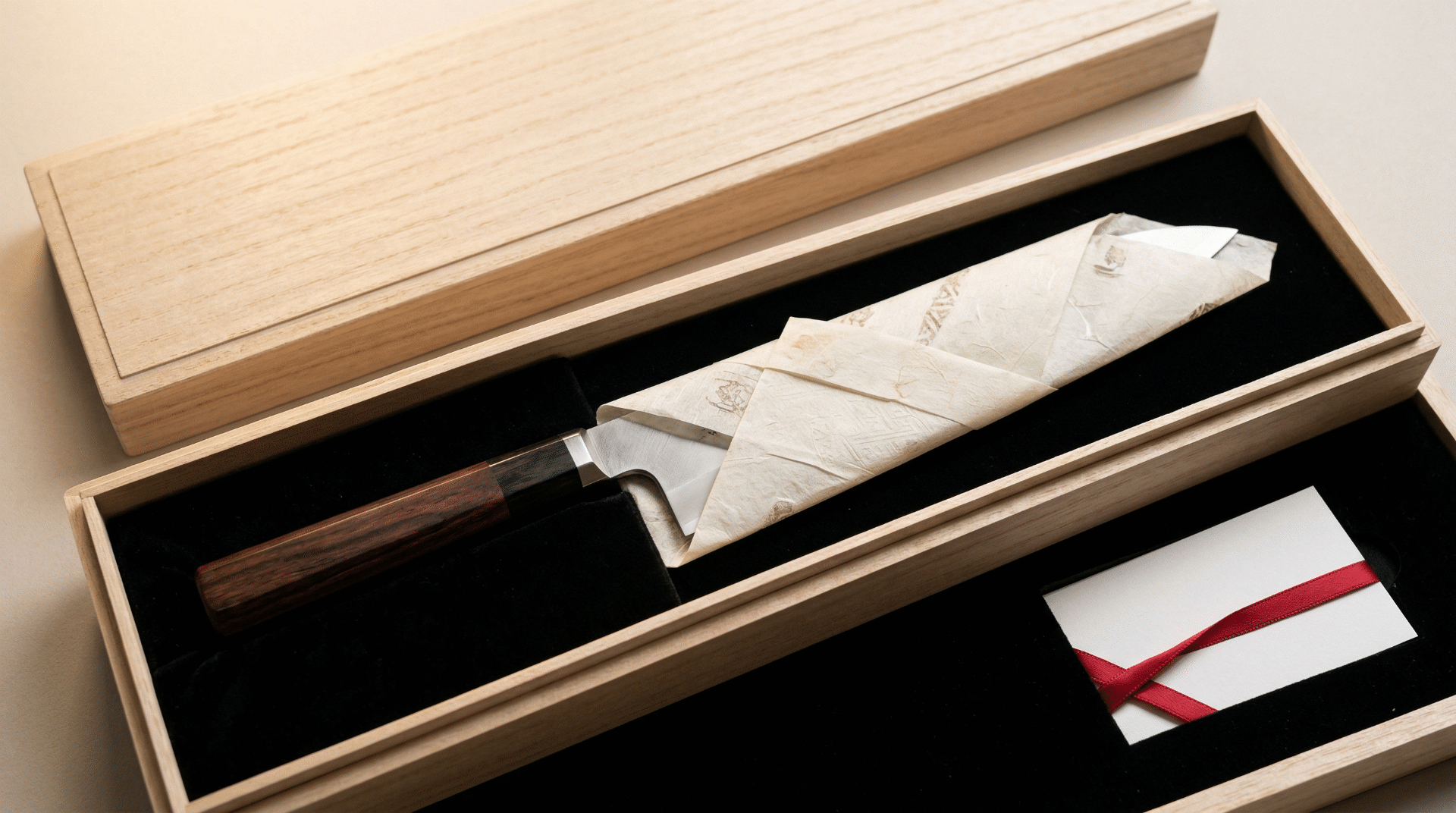 A Japanese kitchen knife in an elegant wooden gift box with tissue paper, ready for gifting