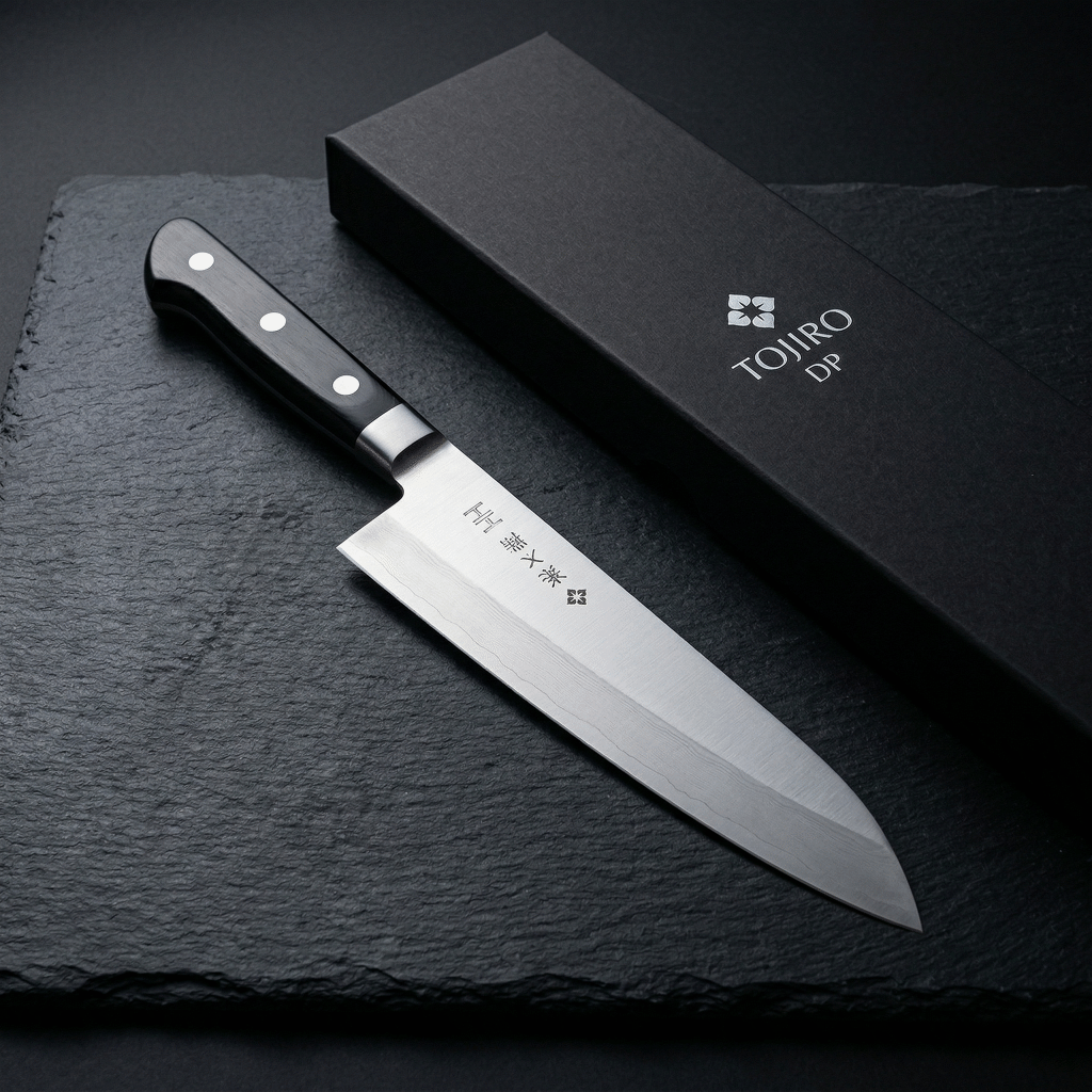 Tojiro DP gyuto knife in gift box, a premium Japanese knife gift at the mid-price range