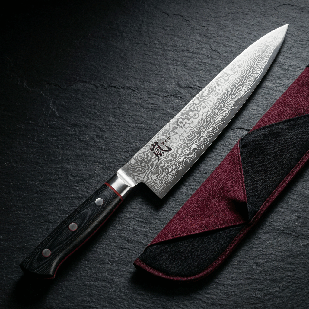 Yaxell Ran Damascus gyuto presented on a dark surface with its cloth sleeve — a premium Japanese knife gift