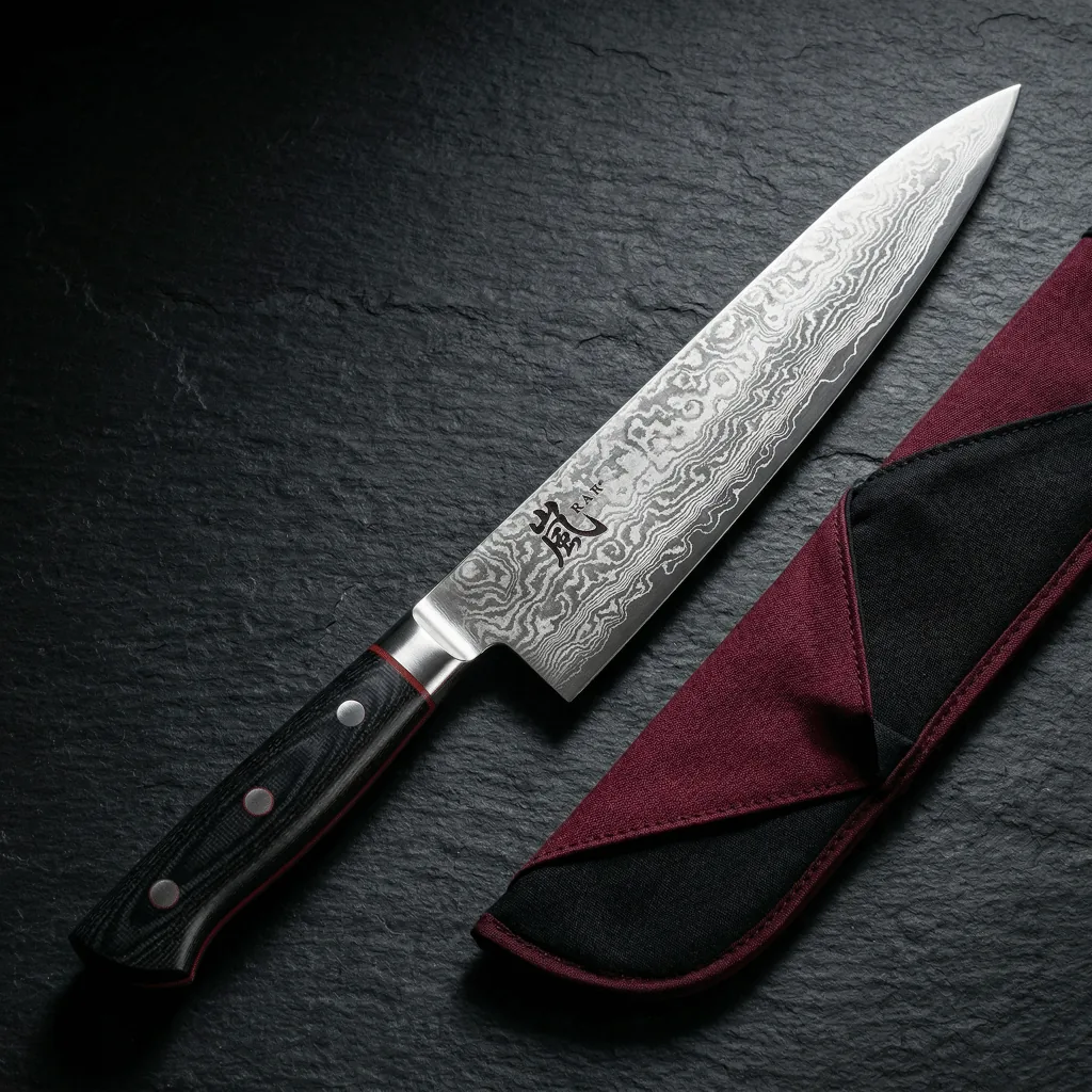 Yaxell Ran Damascus gyuto presented on a dark surface with its cloth sleeve — a premium Japanese knife gift