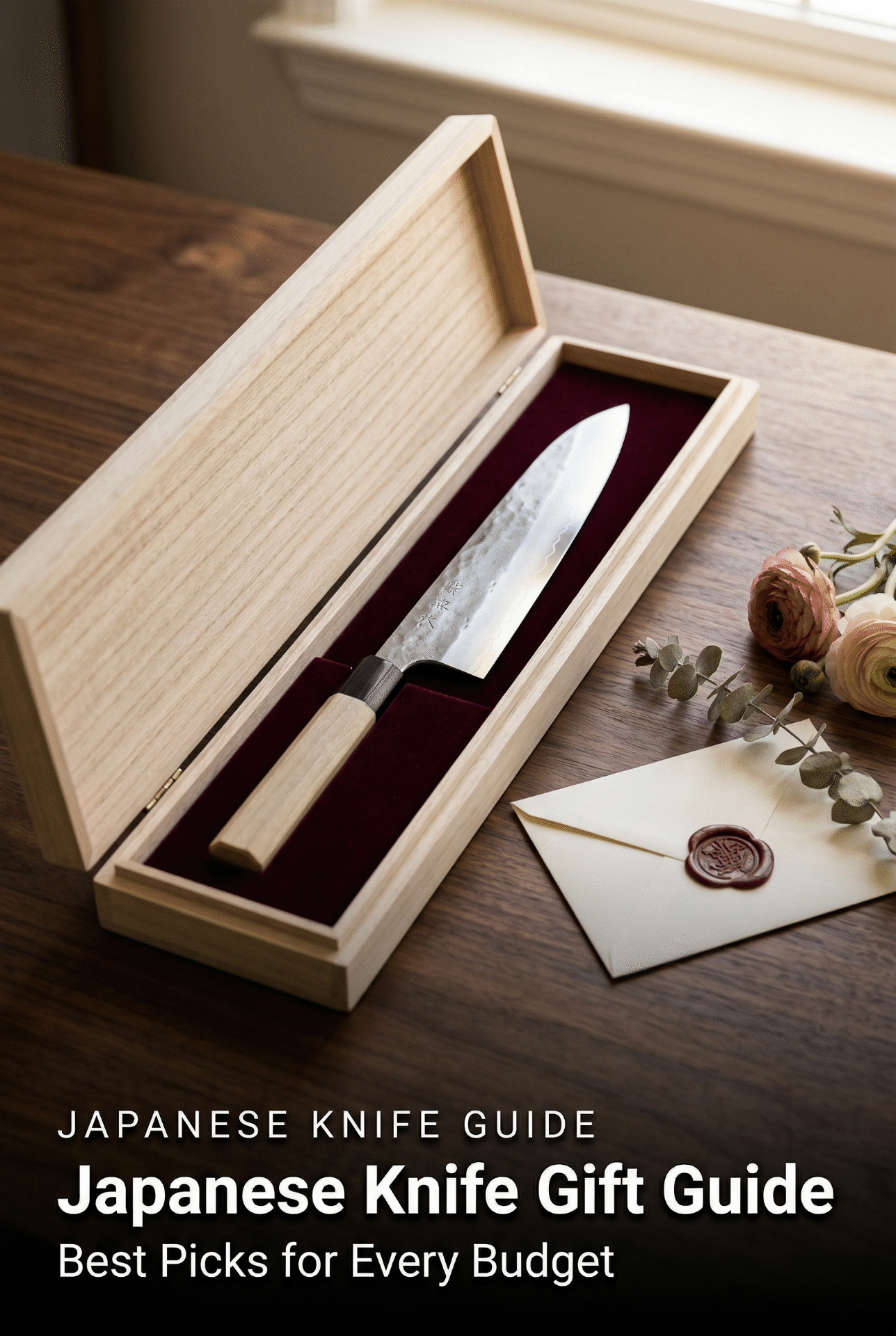 A Japanese kitchen knife in an elegant wooden gift box with a gift card, ready to be given as a thoughtful present