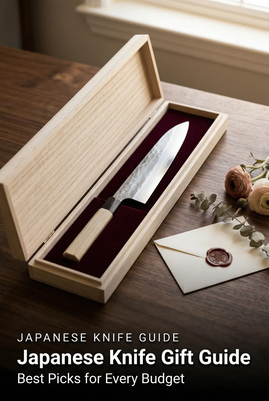 A Japanese kitchen knife in an elegant wooden gift box with a gift card, ready to be given as a thoughtful present