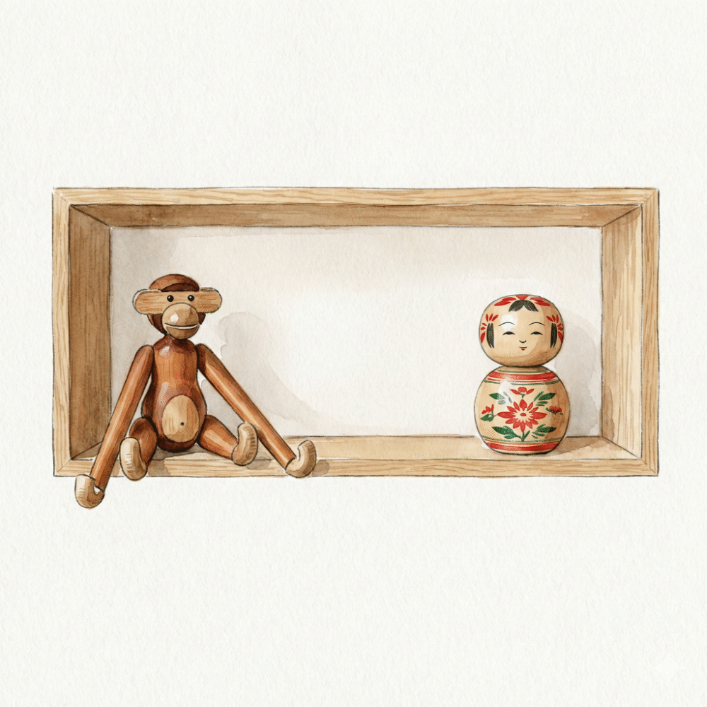 Illustration of a stylish display shelf with an Usaburo kokeshi placed beside a Scandinavian wooden monkey figure