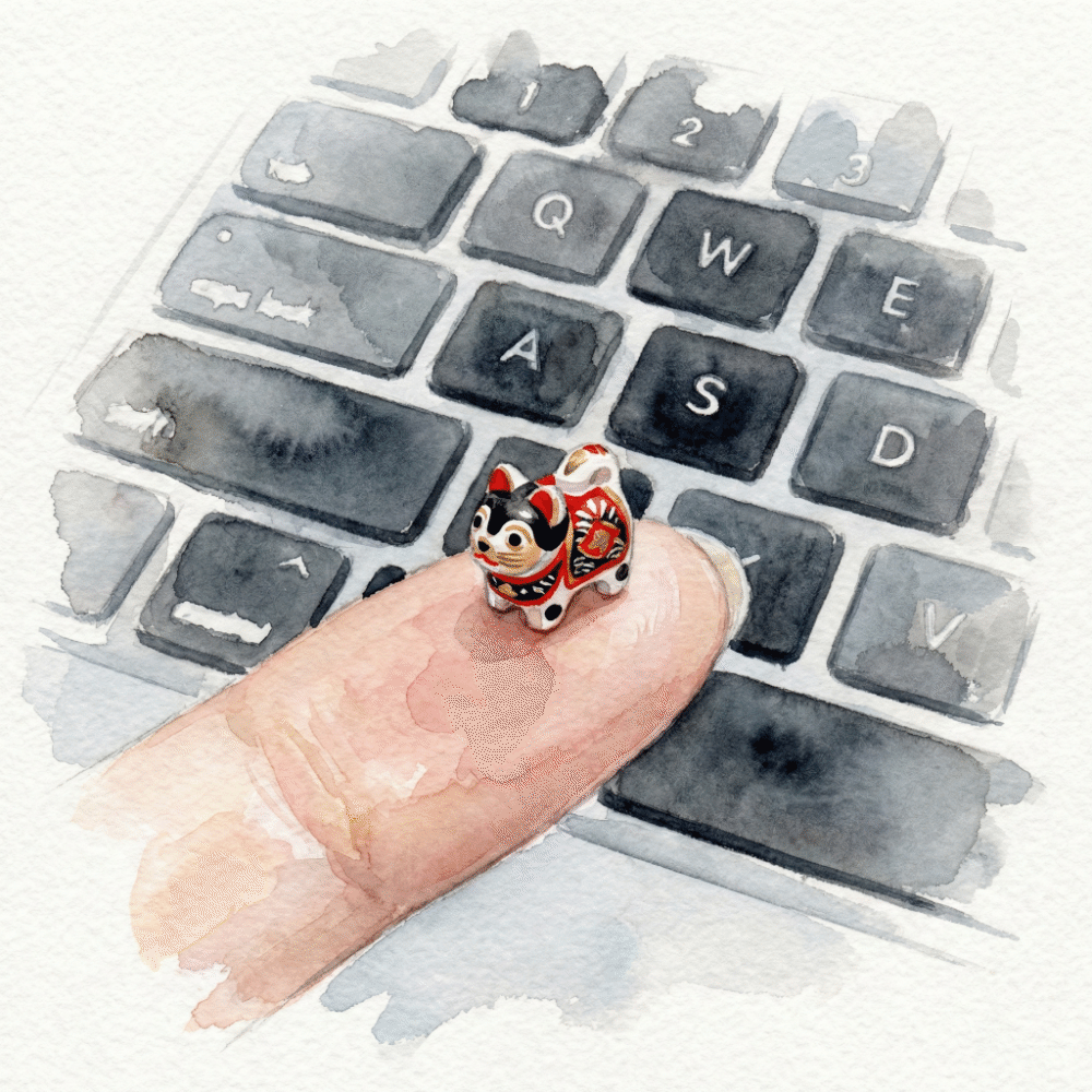 Illustration of fingertip-sized inu-hariko and daruma figures perched beside a keyboard and monitor