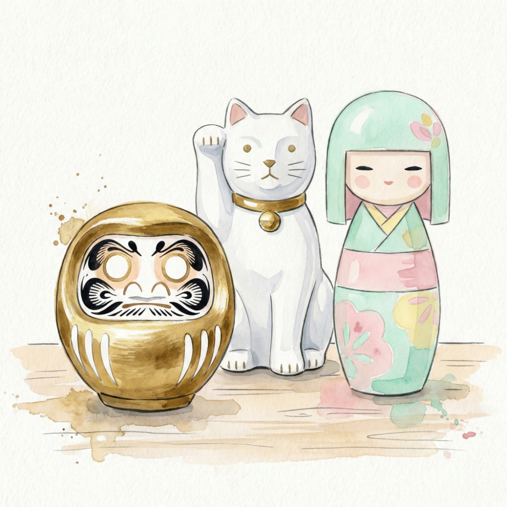 Illustration of modern folk toy reinterpretations: Nakagawa Masashichi maneki-neko fortune ornament and a gold BEAMS JAPAN daruma