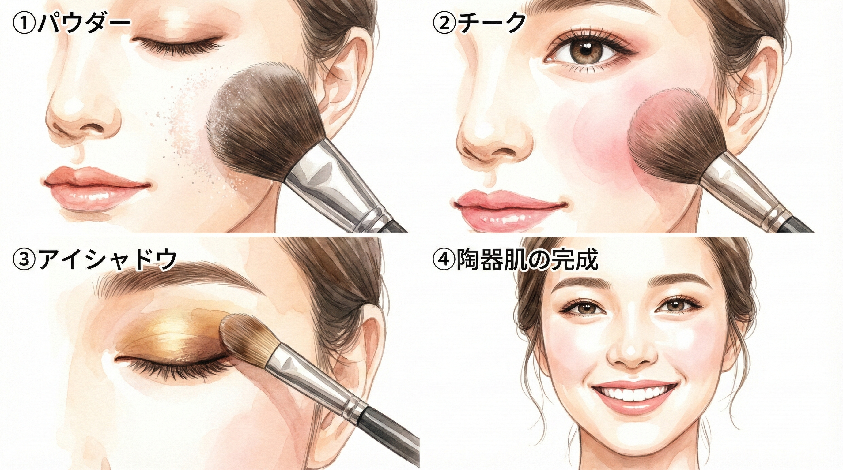 The three essential Kumano brushes in use: powder brush for luminous coverage, blush brush for natural flush, eye shadow brush for blended gradient