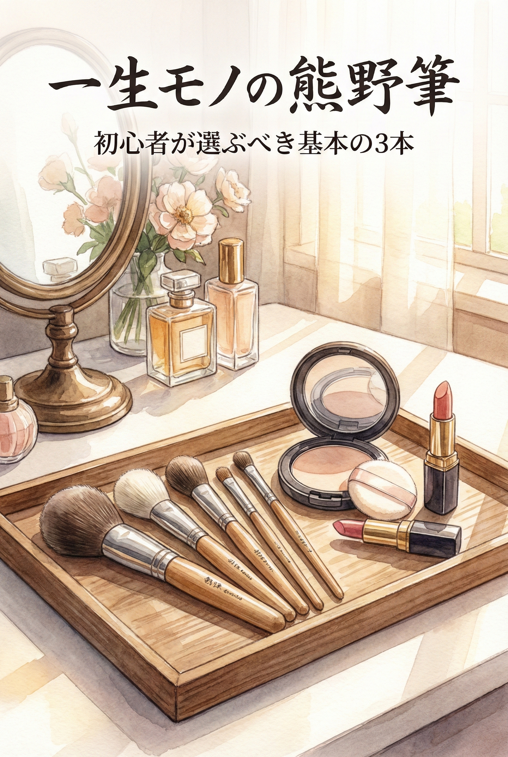 Kumano makeup brushes and cosmetics arranged on a vanity — beautiful Japanese craft tools for the daily routine