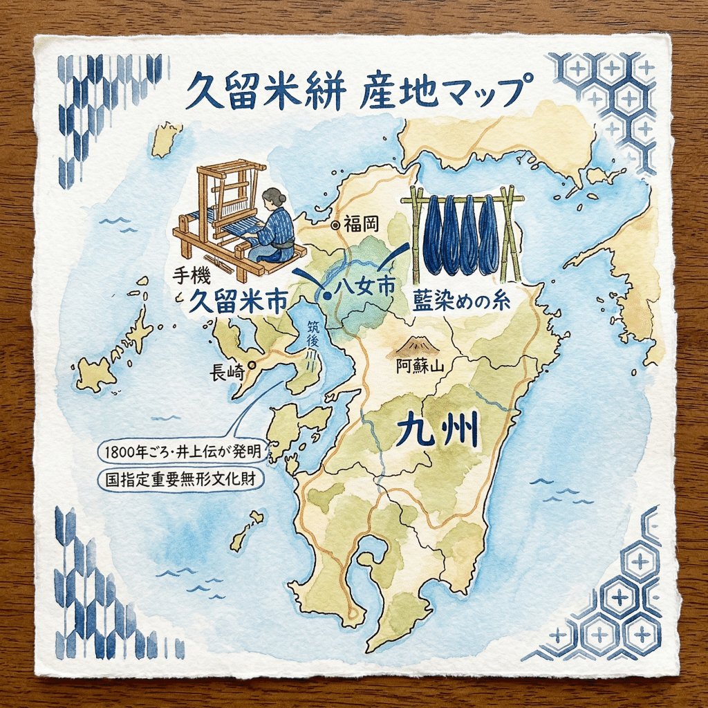 Map showing Kurume and Yame in Fukuoka Prefecture — the Kurume kasuri production region