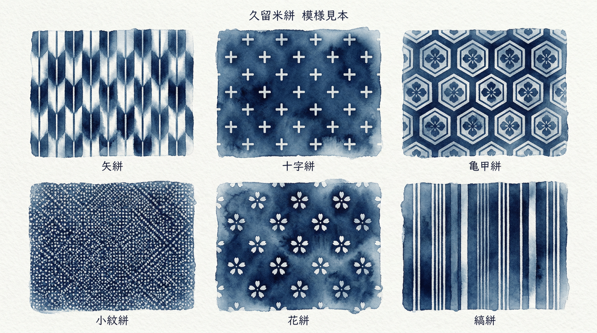 Six traditional Kurume kasuri pattern types: arrow kasuri, cross kasuri, tortoiseshell, small-scale, flower, stripe