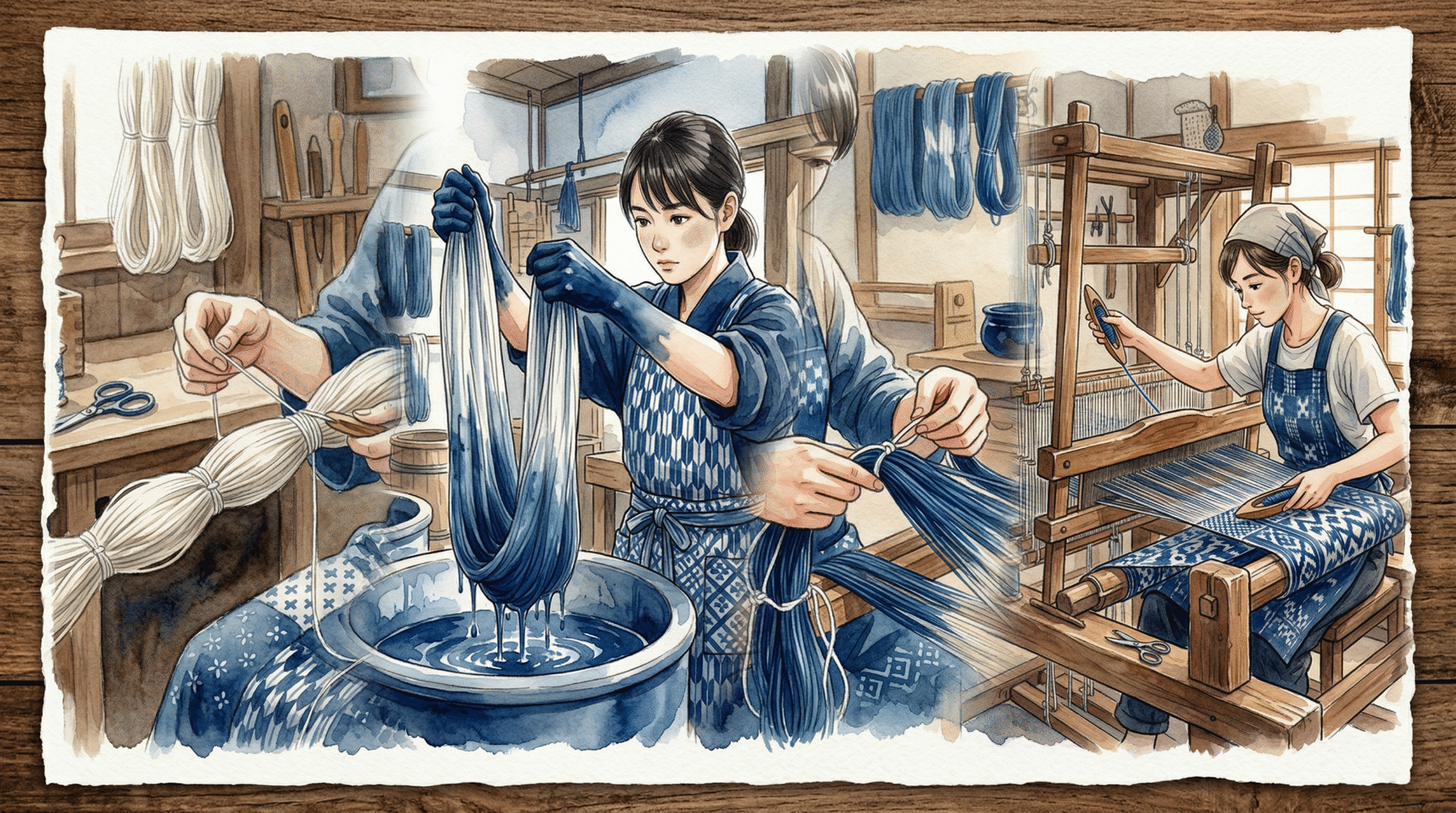 Kurume kasuri production: thread binding, indigo dyeing, thread release, hand weaving