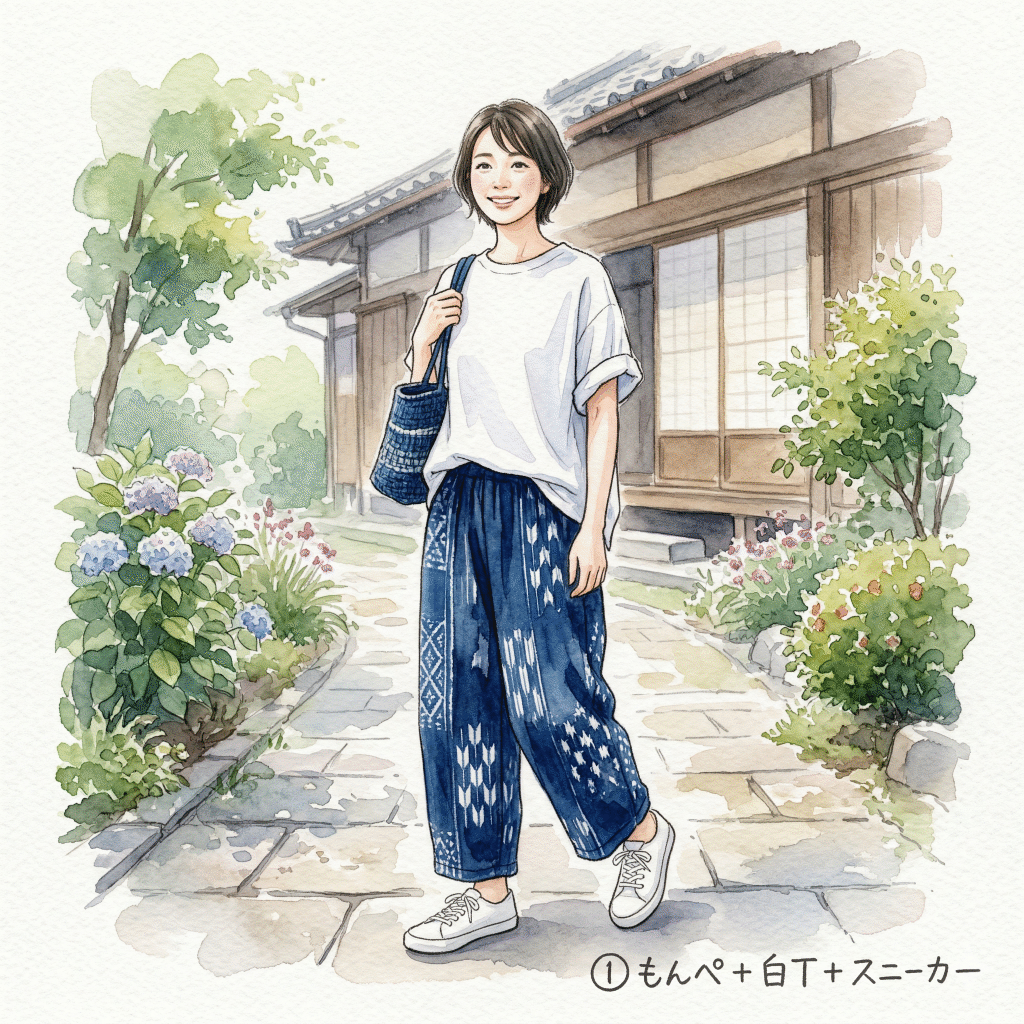 Kurume kasuri monpe with white t-shirt and sneakers — contemporary casual