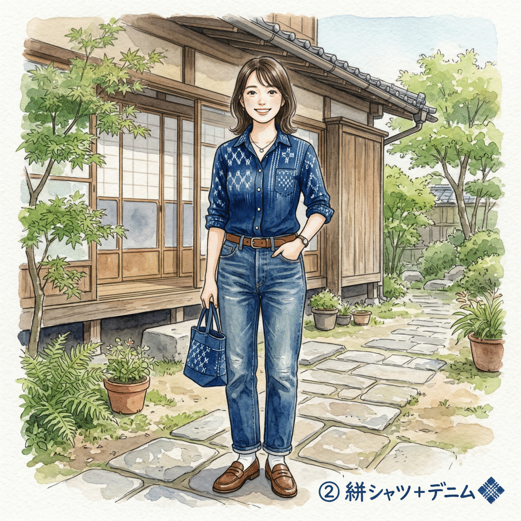 Kasuri shirt with selvedge denim — two Japanese indigo textile traditions together
