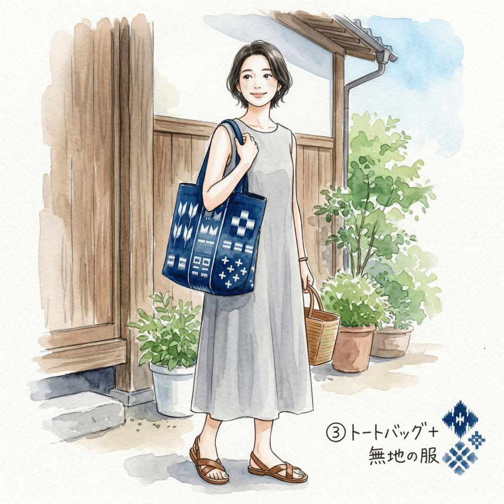 Kasuri tote bag with plain outfit — kasuri as the only pattern element