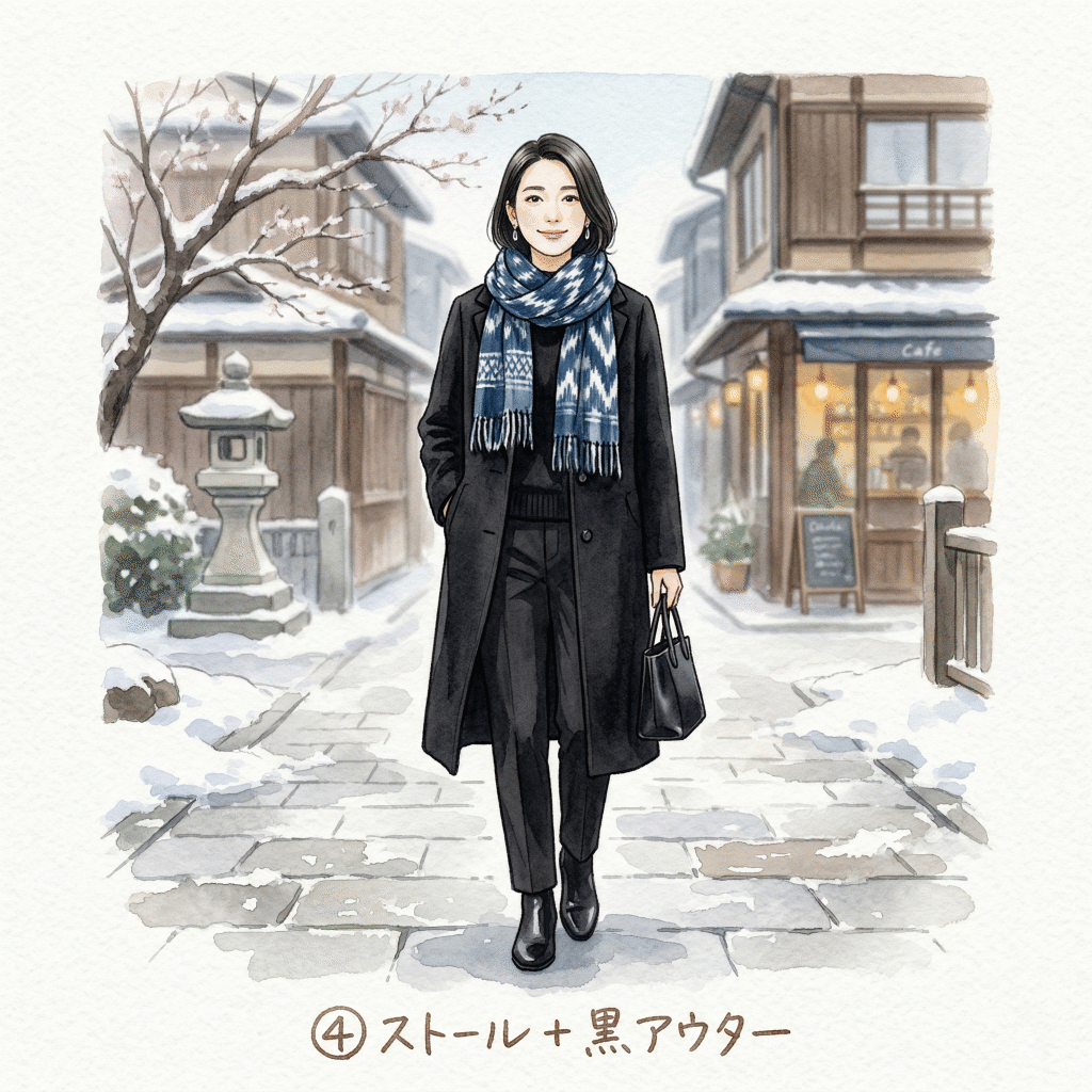 Kasuri stole over dark coat — indigo-white contrast against dark outerwear