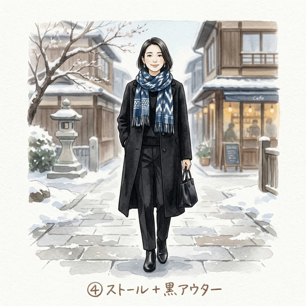 Kasuri stole over dark coat — indigo-white contrast against dark outerwear