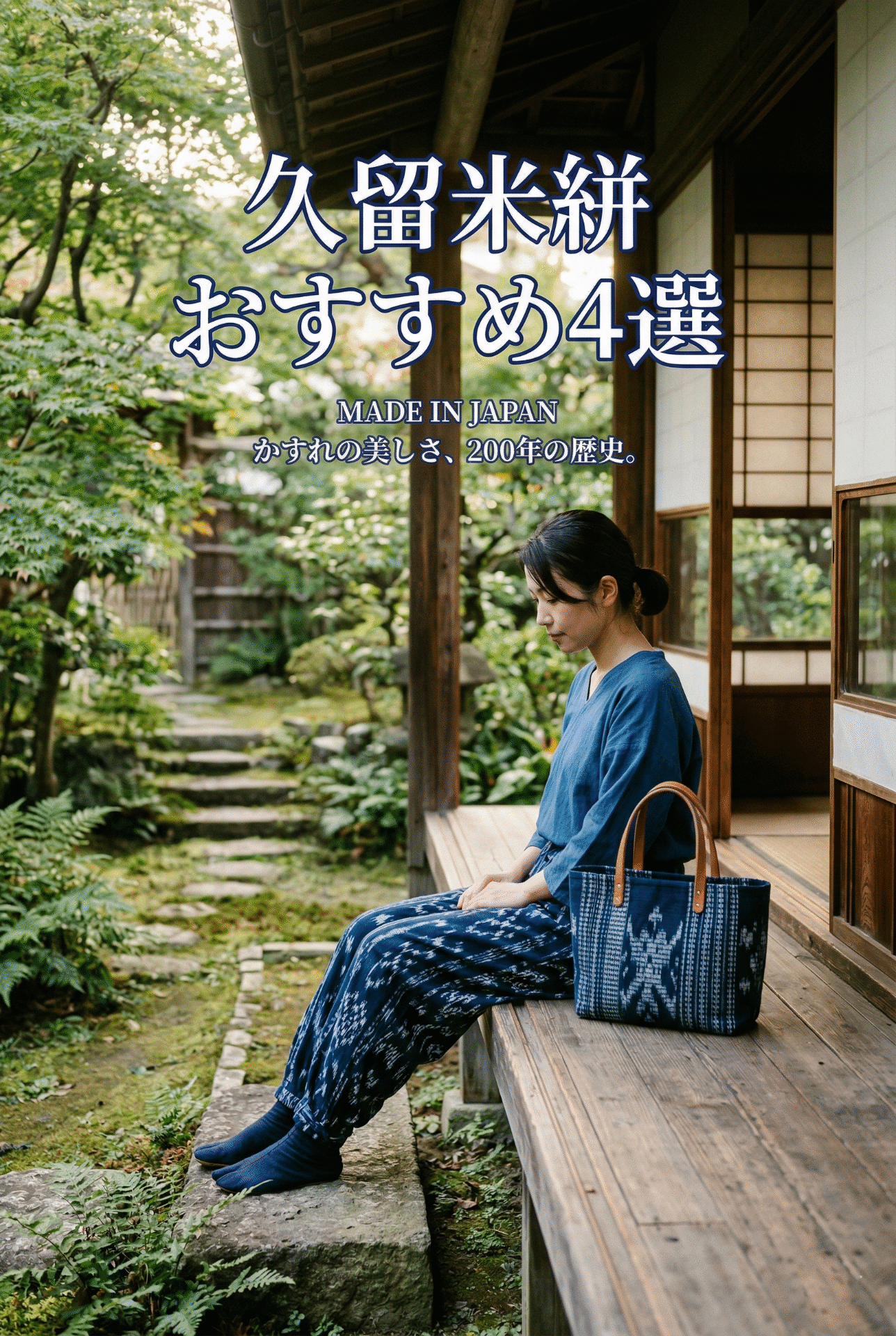 Kurume kasuri products — monpe, stole, tote bag and pouch from Fukuoka workshops