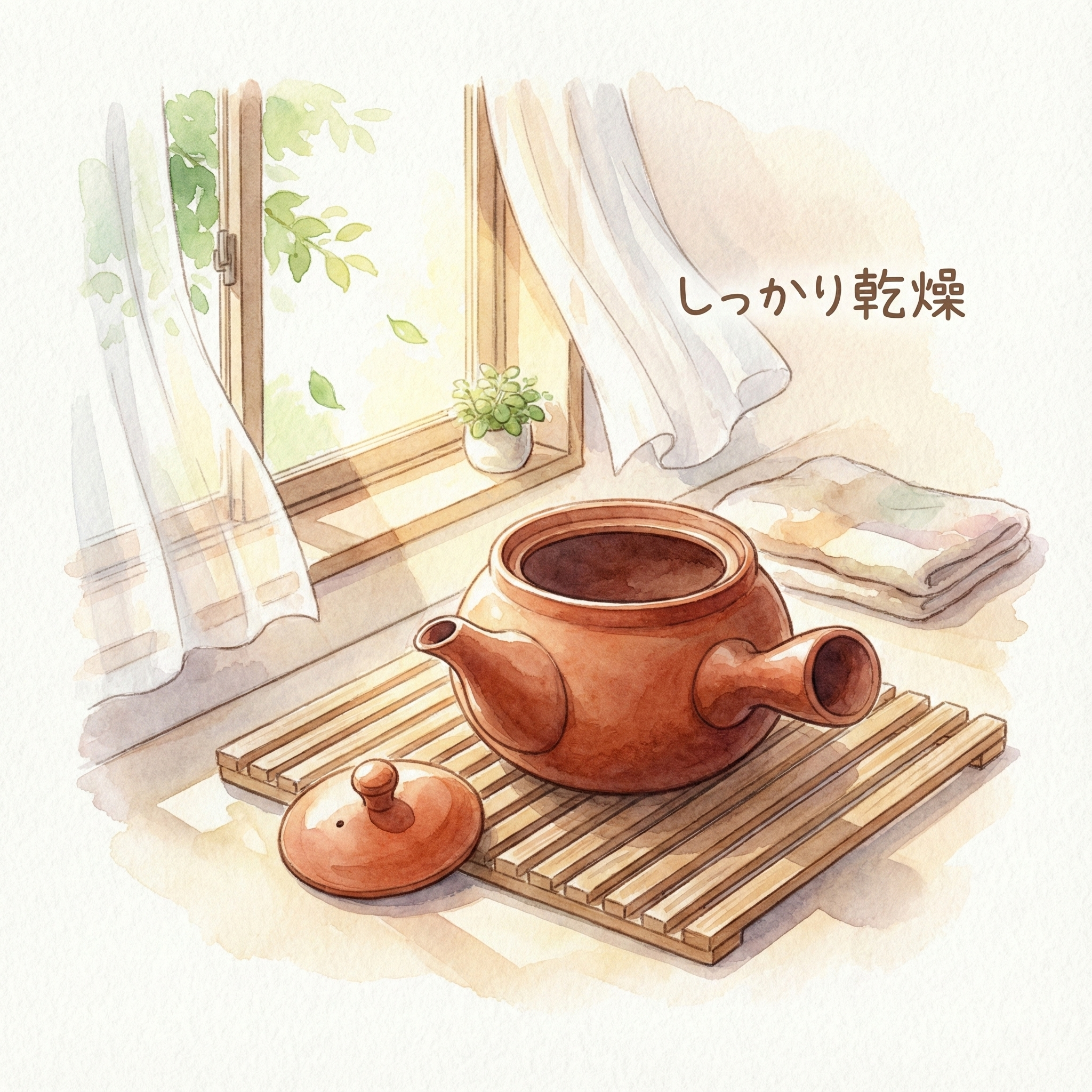 Illustration of a kyusu with lid removed, drying upright in a ventilated spot