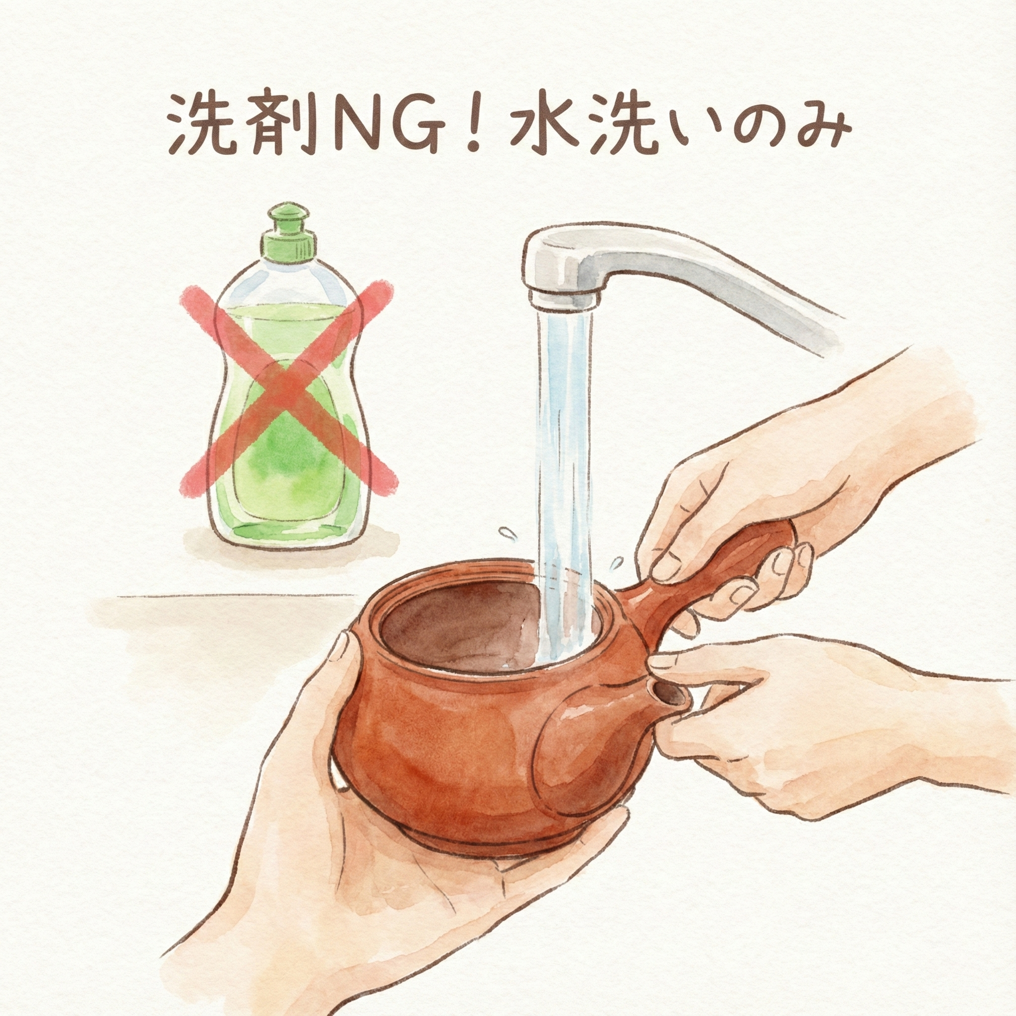 Illustration of rinsing a kyusu with water only (no soap)